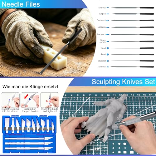 3D Printing Deburring Set Deburring Tool Hand Deburring Tools Files Hand Deburring Tool Set with 11 Different Blades 5 File Set and Side Cutter Metal Handle