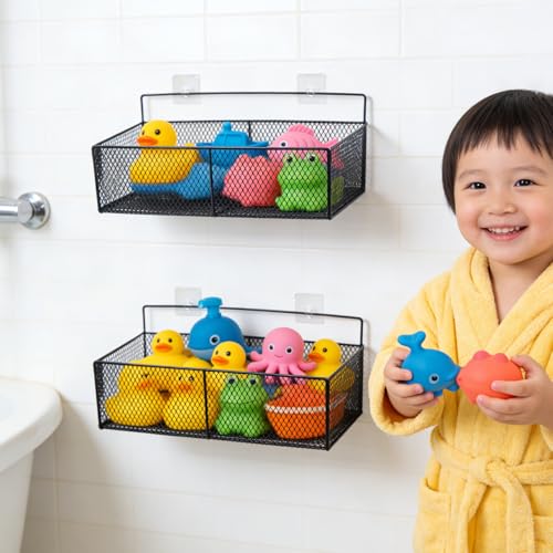 2 Pack Bath Toy Storage Basket, Wall Mounted Metal Mesh Bathtub Organizer with Drainage, Rust Resistant Space Saving Shower Holder for Kids Toys and Bathroom Toiletries