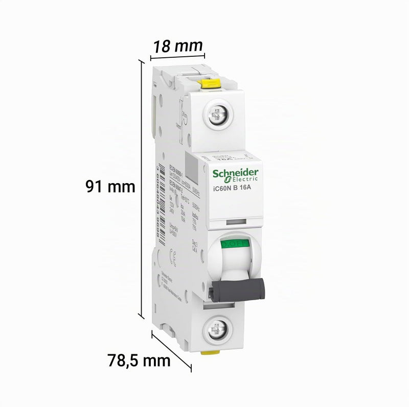 Schneider Electric Acti9 iC60N A9F03116 Circuit Breaker | 1-pin, 16A, B-characteristic, 10kA, 1 piece set of 1