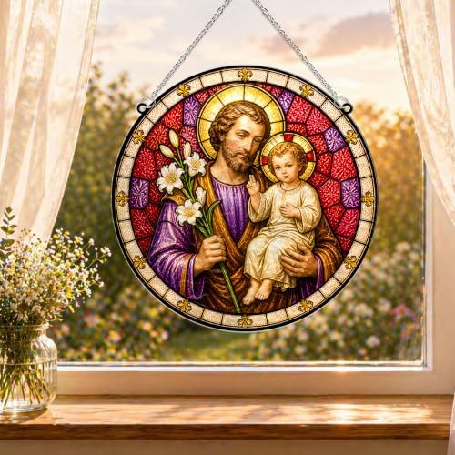 St Joseph Stained Glass Suncatcher, 8" Religious Wavy Acrylic Suncatcher for Windows Hanging, Catholic Gifts Decorations, St. Joseph Patron Gift, Christian Gifts for Men, Dad, Grandpa, Son, Friends