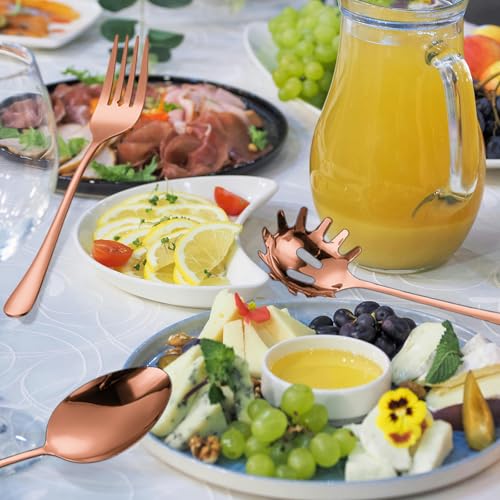 Copper Serving Utensils Set - Rose Gold Stainless Steel Flatware Set 11- Pieces Cake Knife Serving Fork Spoon Skimmer Pasta Ladle Spatula Perfect for Home Kitchen and Special Occasions 11 Pieces-Rose Gold/Copper