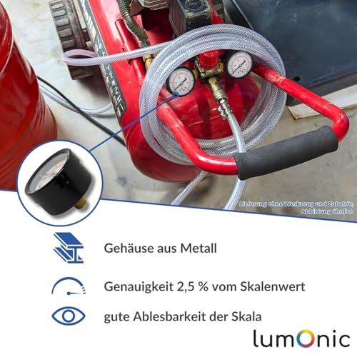 Lumonic I Pressure Gauge 0-16 Bar I 1/8 Inch I Class 2.5 I Rear Connection I Diameter 40 mm I Pressure Gauge I for Compressed Air and Water 0-16bar D40 mm/rear connection