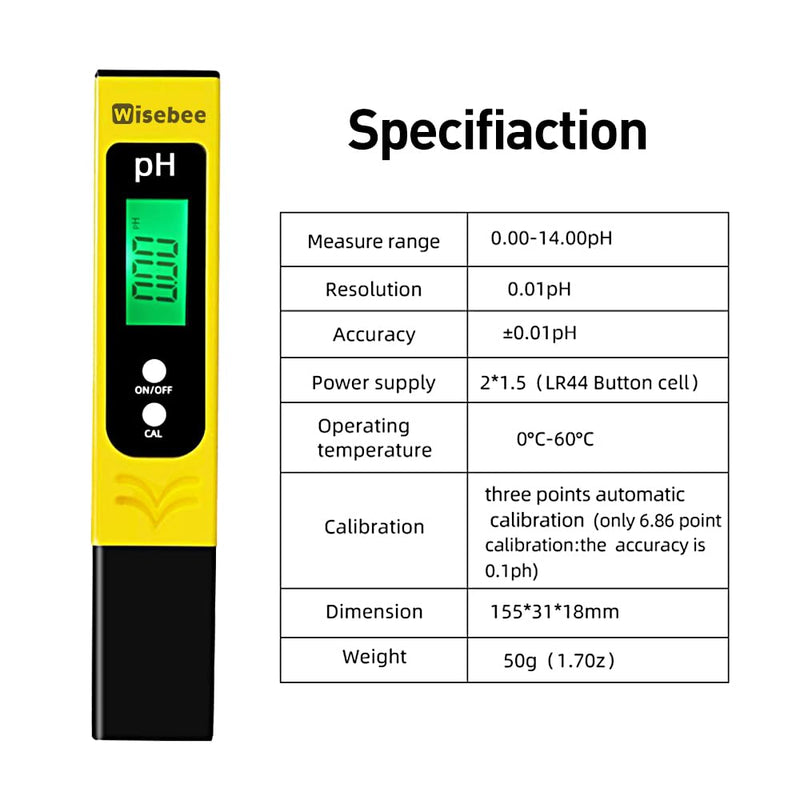 [Australia - AusPower] - Wisebee Digital pH Meter, Water Quality Tester Pen with High Accuracy | Backlit LCD Display | Pocket-Size | 0-14 PH Measurement Range| UL Certified | Battery Powered for Drinking, Aquarium, Pool, Lab 