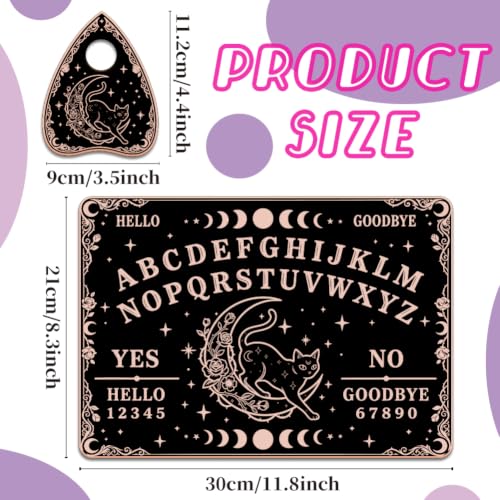 WEBEEDY 2pcs Wooden Spirit Board Moon Cat Pattern Talking Board with Heart Planchette Dowsing Divination Tool Altar Decor for Halloween Party Mystical Spiritual Gift for Beginners