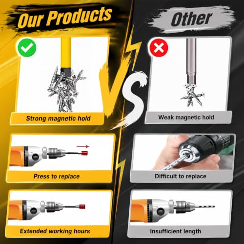 Bit Extension & Bit Holder Magnetic 1/4 Inch for Drills | 4 x hexagonal extensions 60-200 mm, 3 x self-locking 60-150 mm, 8 x bits H1.5-H6, variable length dimensions