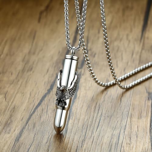 Stainless Steel Bullet Eagle Urn Necklace For Ashes Mens Cremation Urn Memorial Jewelry Silver