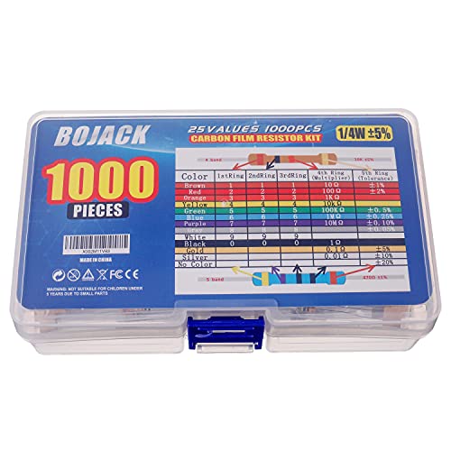 BOJACK Resistors Assortment Kit 1 Ohm - 1M Ohm 1/4W Carbon Film Resistor Kit (25 Values 1000 Pieces) 1/4 W