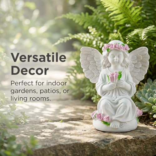 Guardian Angel Statue Angel Figurines with Pink Tulips Sitting With Tulip