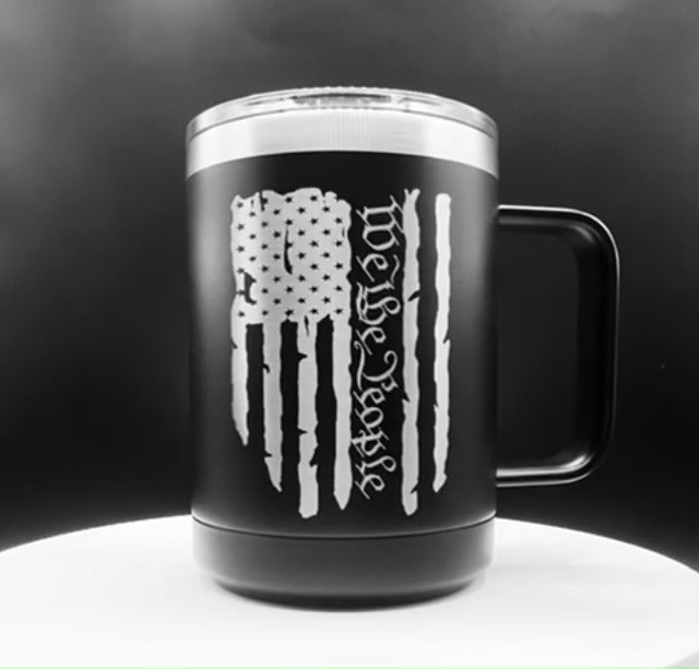 Rogue River Tactical USA Tattered American Flag We The People Constitution Heavy Duty Stainless Steel Black Coffee Mug Tumbler With Lid Novelty Cup Great Gift Idea (Pack of 2) 15 Ounces (Pack of 2)