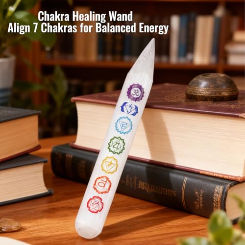 Runyangshi 1Pcs Chakra Selenite Stick 6", Engraved with 7 Chakra Symbols for Meditation, Energy Healing, Spiritual Balanc