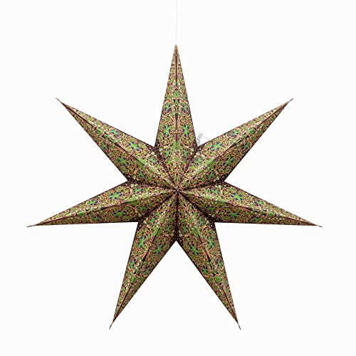 Artschatz Cathedral Paper Lantern Star Light - 7 Point Ø 24 inch - Brown/Green with red/Blue Tissue Inlay