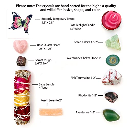 DANCING BEAR Healing Crystals (11 pc) Gift Set to Attract & Share Love, Rose Quartz Heart, Pink Tourmaline, Sage, Rhodonite, Butterfly Tattoo, Aventurine Heart Chakra Stone, Selenite, Made in The USA