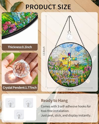 7.8" Christian Bible Verse Stained Glass Window Hanging Cross&garden 7.8 inch