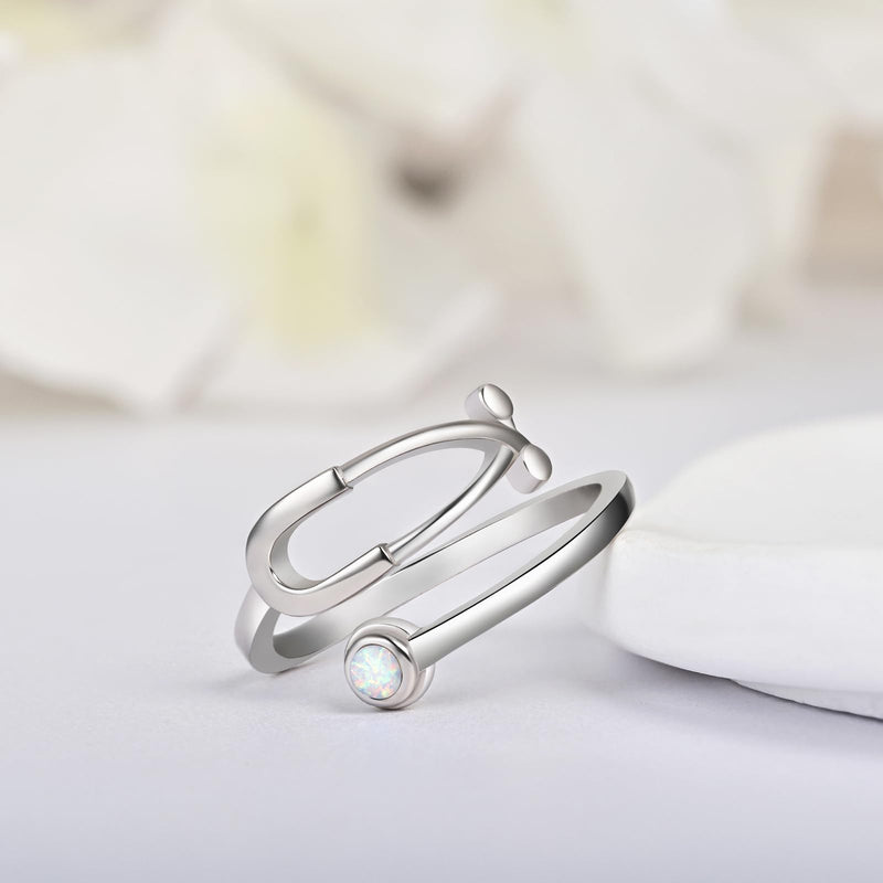 [Australia - AusPower] - Stethoscope Rings for Women Sterling Silver Adjustable Heartbeat Jewelry for Doctor Nurse Medical Student RN Nurse Gifts Opal 