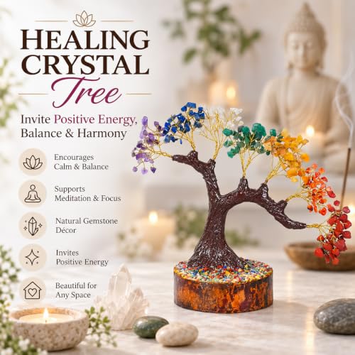 Crocon® 7 Chakra Bonsai Crystal Tree, 8-9 inch Healing Crystals Home Décor 002a Seven Chakra (Bonsai Tree)