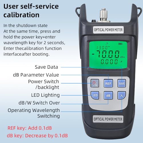 Fiber Optic Power Meter, High Precision Fiber Optic Cable Tester -70dBm ~ +10dBm with LED Light, OPM Optical Power Meter with 10 Wavelength Memories (Grey) black