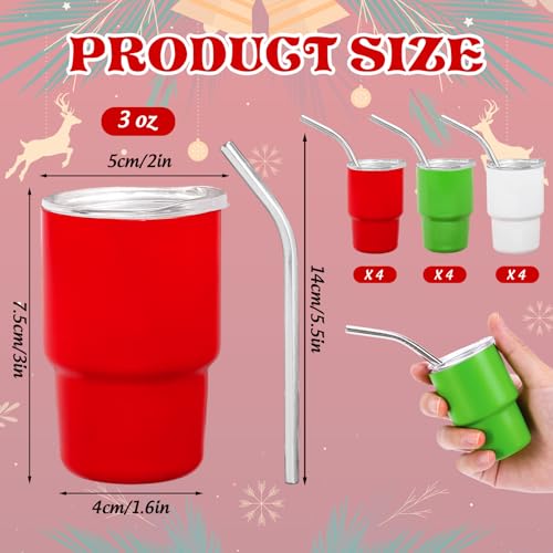 Whaline 12 Pack Christmas Mini Tumbler 3oz Mini Shot Glass Xmas Red Green White Stainless Steel Insulated Sublimation Cups with Lids Straws for Holiday Birthday New Year Party