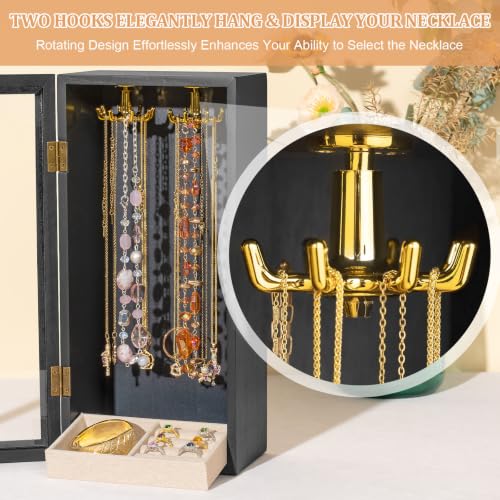 Black wooden jewelry box with rotating hooks for necklace organization, featuring a sleek SINGBLA necklace holder organizer.