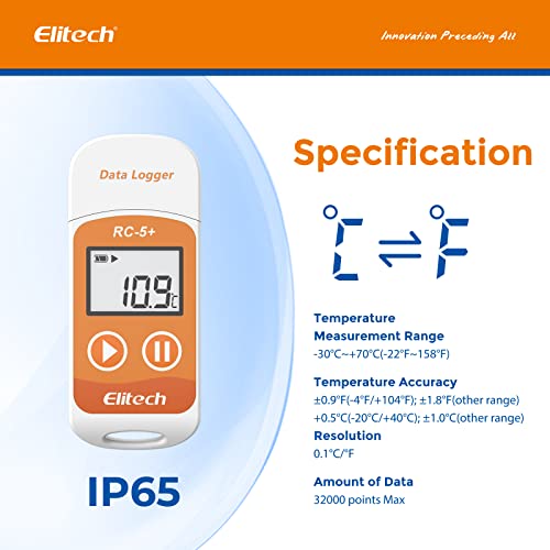 Elitech Temperature Data Logger RC-5, Reusable Temperature Data Recorder USB 32000 Points, Software for Mac and PC with Calibration Certified (Orange) RC-5+ (Orange)