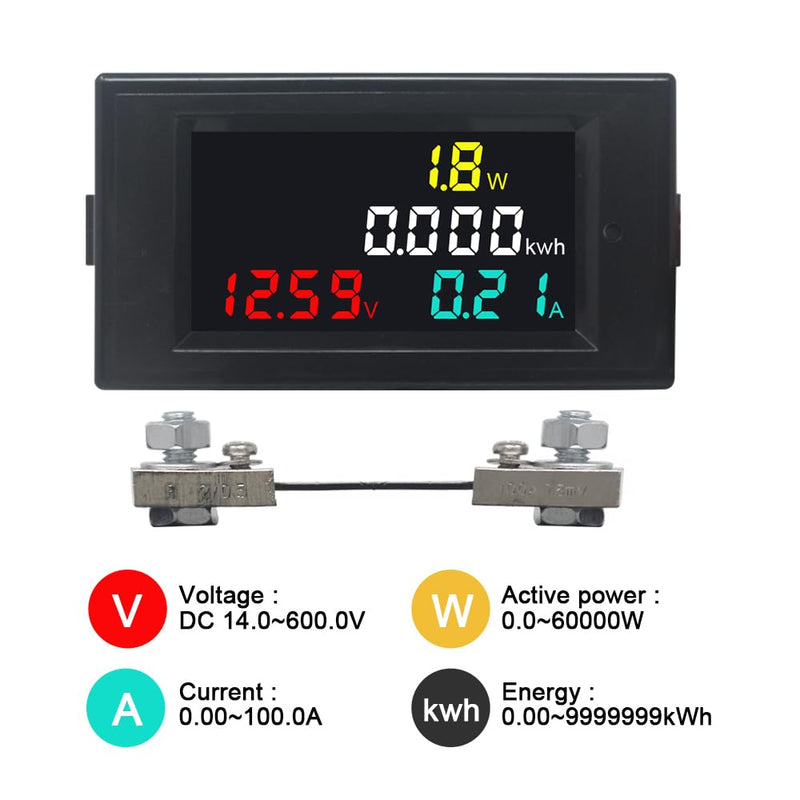 KETOTEK Ammeter Voltmeter DC 14-600V 100A Digital Multimeter Panel Power Energy Monitor Watt Meter DC Current Voltage Meter with 100A Shunt 14-600V 100A(100A Shunt)