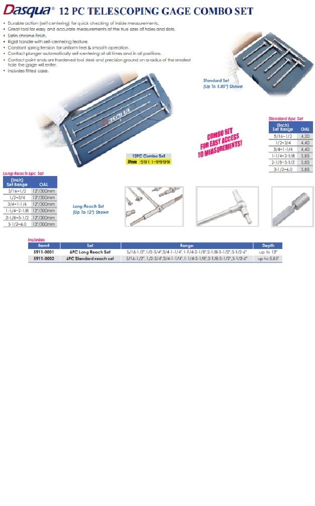 [Australia - AusPower] - Dasqua 5911-0002 8-100Mm / 5/16-6" Telescoping Gage Set 6 Pc. Set - Satin Chrome Standard up to 5.35" 