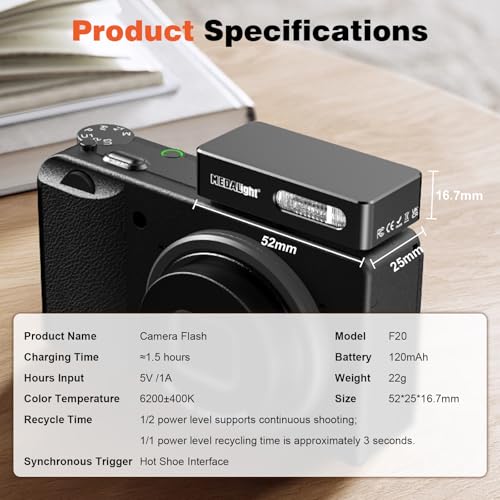 MEDALight F20 Mini Camera Flash for GR IV,Aluminum Hot Shoe Speedlite Compatible for RICOH GR IV/GR 3/GR 3X,6200K,2 Power Levels Portable Manual Flash(Black). Black