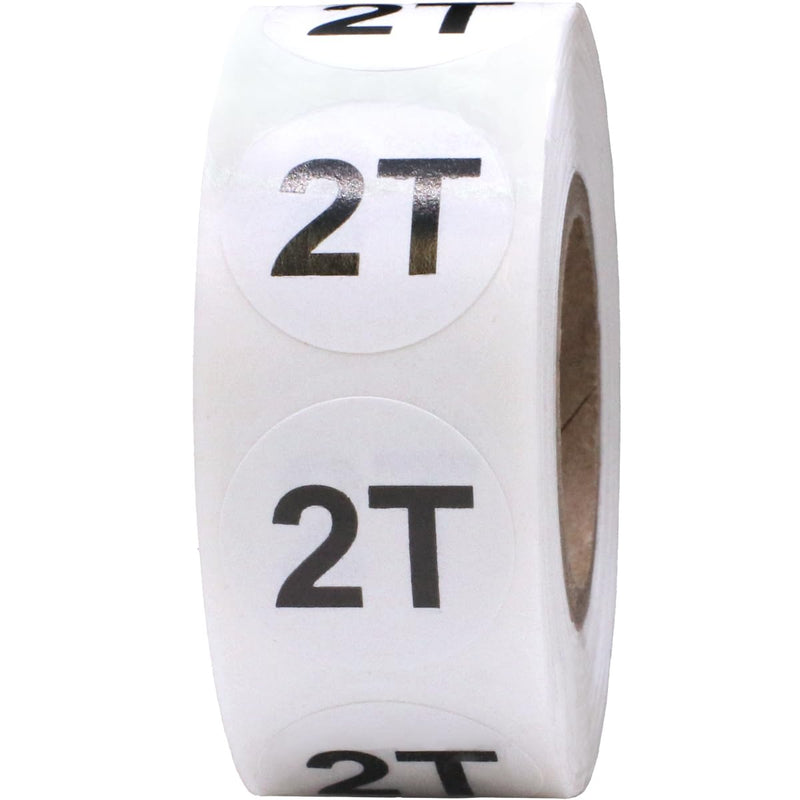 White Circle 2T Clothing Size Stickers for Retail Apparel 0.75 Inch 500 Total Adhesive Labels