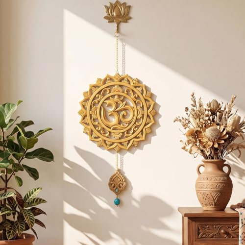 RattanView Wooden Om Wall Decor Hanging Art Golden Om Round Decoration Gold