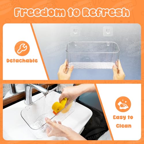 Pair of clear adhesive shower caddies for bath toy storage, designed for babies and toddlers, by MUMUQ.