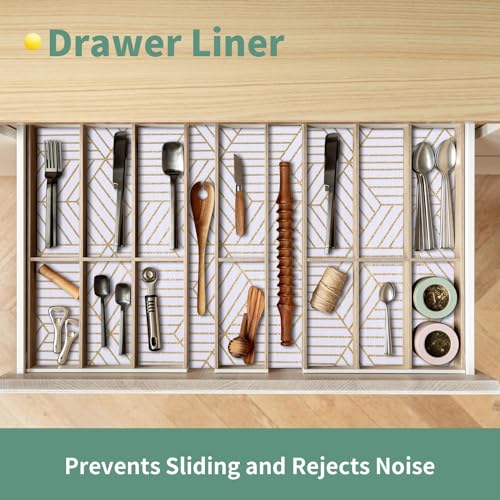 Shelf Liners for Kitchen Cabinets 12in x 30FT, Non Adhesive Cabinet Liner Strong Non-Slip Thickened Gold Geometric Drawer Liner, Easy to Clean for Shelf, Cabinet with Knife and Tape Measure Gold Geometry 12"W x 354.3"L