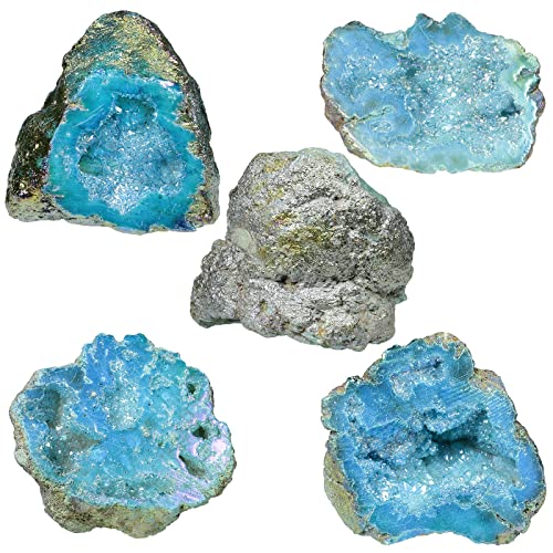 TUMBEELLUWA Titanium Coated Blue Crystal Cluster Geode for Home Decor Medium