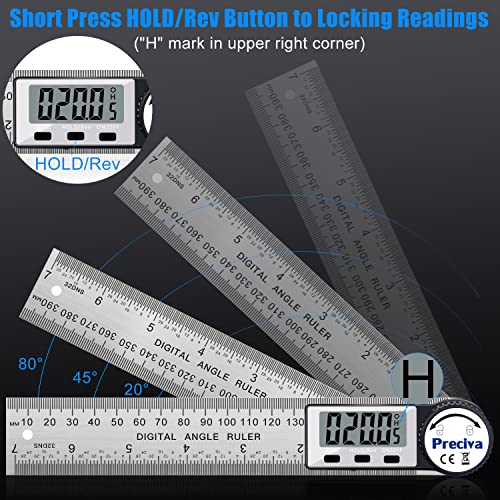 Preciva Digital Protractor with Screen Hold and 180° Rotating Function, 400 mm Angle Bevel Ruler Made of Stainless Steel for Woodwork, Home Work – Large Display