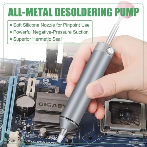 Heavy Duty All-Metal Desoldering Pump with 2 Heat Resistant Silicone Tips, Manual Desoldering Tool for PCB Electronics and Welding Repair