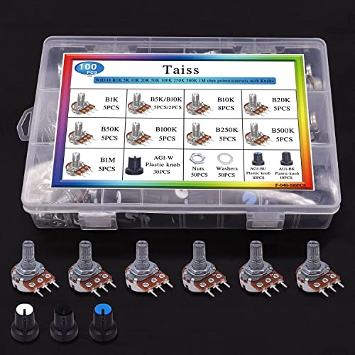 Taiss 100 Pieces Potentiometer Kit B1K B5K 10K 20K 50K 100K 250K 500K 1M Ohm Linear Taper Rotary Potentiometer B Type Potentiometer with Nuts, Washers and 3 Different Colors of Aluminum Alloy Knob F048 100 Piece Potentiometer Kit
