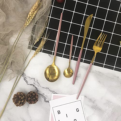 Gold Silverware Set, 24-Piece Stainless Steel Flatware Set Service For 6, Mirror Polished Pink Handle Tableware Cutlery Set Knife Fork And Spoon For Home & Restaurant, Dishwasher Safe 24-Piece Set (Service for 6) Pink Gold