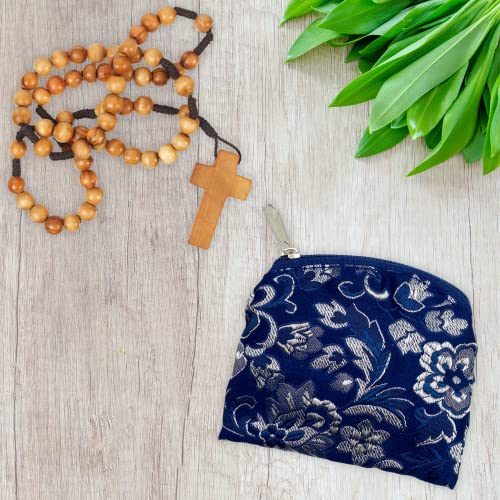 Needzo Blue and Silver Tone Tapestry Rosary Pouch, Religious Case for Keepsake Pendants or Jewelry, Pocket Sized Zipper Mini Bag, 3.75 Inches
