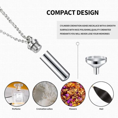 10 Pieces Urn Necklace for Ashes, 10 Pieces Urn Necklace, Stainless Steel Cremation Jewelry for Women Men, Cylinder Memorial Necklaces Keepsake Pendant with Funnel(Silver)