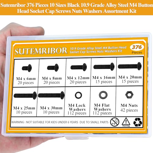 Sutemribor M4 black button head socket cap screws, nuts and washers assortment set in storage case