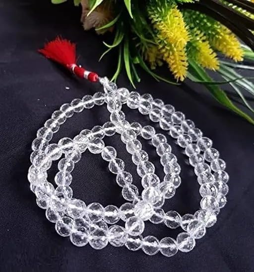 Eternals Crafts Clear Sphatik Mala Original sfatic sparkable Certified Rock Quartz Rosary sfatik Crystal Jaap Mala | luxmi laxmi jaap | sphatic | 7 mm 108+1 Beads