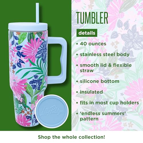 Lilly Pulitzer 40 Oz Insulated Tumbler with Lid, Straw & Handle, Stainless Steel Travel Water Bottel, Double Wall Metal Cup (Endless Summer) Endless Summer