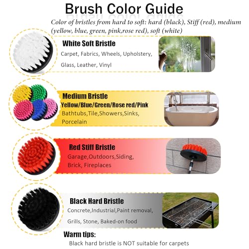 Drill Brush Attachment Set, 7 Pack 1/4in Power Scrubber Brush + Extend Long Attachment, Brush Drill Attachment, Power Cleaning Scrub Brush for Bathroom, Tub, Tile, Corner, Floor（Black） Black