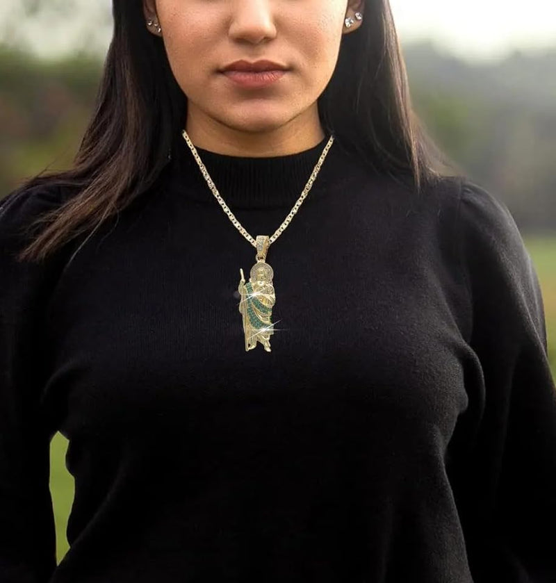 14K Gold Filled San Judas Necklace For Women And Men - Green Saint Jude Pendant Necklace, St Jude Tadeo Medalla Cadena Oro Laminado, Catholic Religious Christian Jewelry 3 - San Judas Necklace