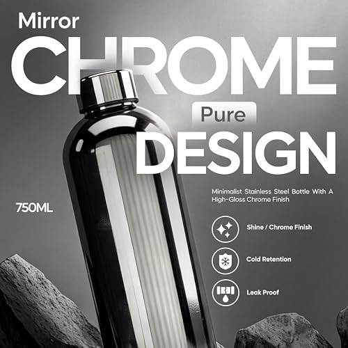 Stainless Steel Water Bottle 25oz - Vacuum Insulated Stays Cold All Day, Leak Proof Double Wall, Chrome Classic Design