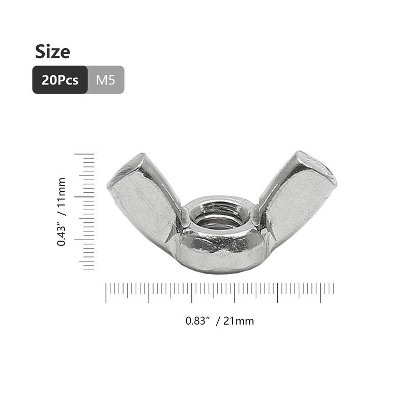 [Australia - AusPower] - 20 Pcs M5 Stainless Steel Wing Nuts, Fasteners Parts Hurrican Screws Hand Twist Tighten Ear Butterfly Nut Sliver Tone 