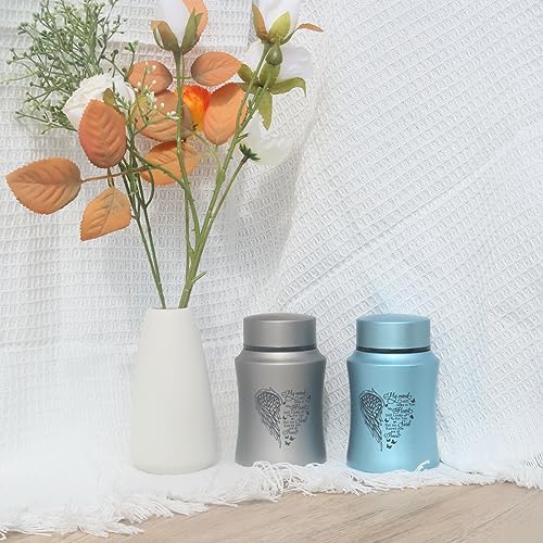 4.5 Inches Small Urn for Human Ashes Stainless Steel Mini Cremation Urn Small Keepsake Urn Heart Wing Pattern Memorial Ashes Container-Blue Wing-Blue