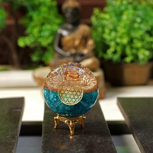 Orgonite Crystal Blue Aquamarine Crystal Ball with Stand for Positive Energy, Chakra Balancing –with Flower of Life Symbol to Promote Purpose, Serenity and Courage