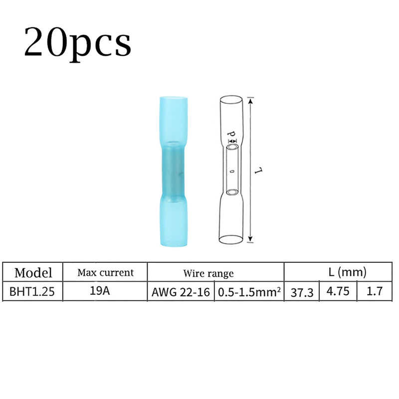 Pack of 20 22-16 AWG Waterproof Cable Connectors BHT1.25, Cable Connector | Butt connector with heat shrink tube, insulated waterproof crimp connector, shrink connector, crimp connector, blue