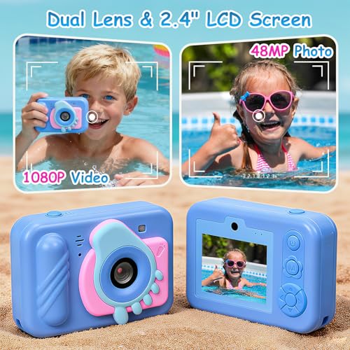 Kids Toy Camera Waterproof with 32GB Card, Fun Christmas & Birthday Gift for Boys & Girls Ages 3+, 48MP 1080P HD Underwater Digital Camera, IP68 Shockproof – (Footprint Blue)