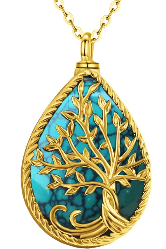 Tree of Life Urn Necklace Teardrop Memorial Keepsake Pendant Antique Turquoise Gold