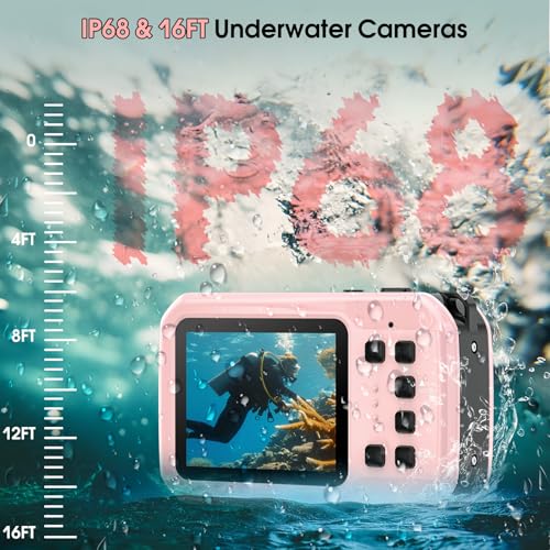 4K Underwater Camera, 64MP 16FT Waterproof Camera, 16GB Card, Pink